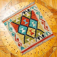 Wool area rug, 'Delightful Flair' (1.5x1.5) - 1.5x1.5 Uzbek Hand-Knotted Rhombus-Themed Wool Area Rug
