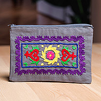 Hand-embroidered suzani cotton cosmetic bag, 'Chic Style' - Blue Cotton Cosmetic Bag with Suzani Hand-Embroidered Motifs