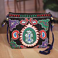 Iroki embroidered sling, 'Palatial Nights' - Traditional Iroki Embroidered Black Sling with Tassels