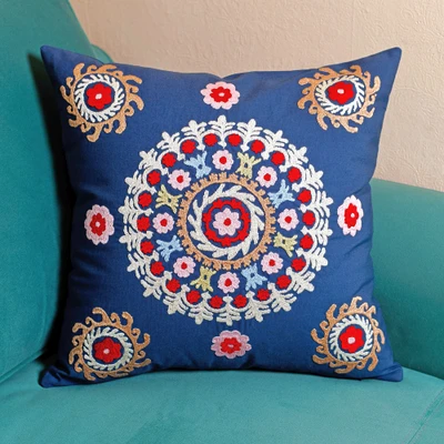 Hand-embroidered suzani cotton cushion cover, 'Chic Mandala' - Hand-Embroidered Suzani Cotton Mandala Cushion Cover in Blue