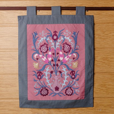 Embroidered cotton wall hanging, 'Suzani Elegance' - Embroidered Floral Cotton Wall Hanging in Pink and Burgundy