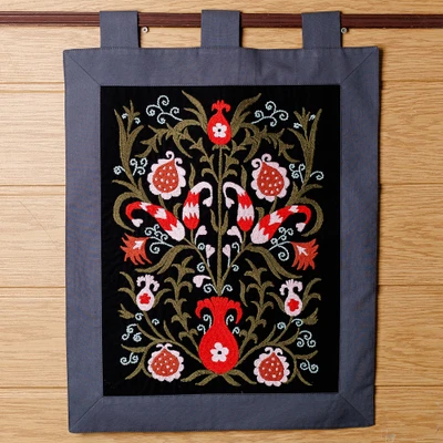 Embroidered cotton wall hanging, 'Suzani Night' - Embroidered Floral Cotton Wall Hanging in Black and Green