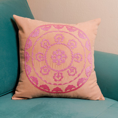 Hand-embroidered suzani cotton blend cushion cover, 'Bright Mandala' - Hand-Embroidered Suzani Cotton Blend Mandala Cushion Cover