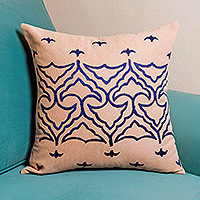 Hand-embroidered suzani cotton blend cushion cover, 'Flying Birds' - Traditional Suzani Embroidered Cotton Blend Cushion Cover