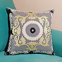Hand-embroidered suzani cotton cushion cover, 'Tajik Art' - Hand-Embroidered Suzani Cotton Cushion Cover in Grey
