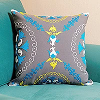 Hand-embroidered suzani cotton cushion cover, 'Pomegranate on Grey' - Hand-Embroidered Suzani Cotton Pomegranate Cushion Cover