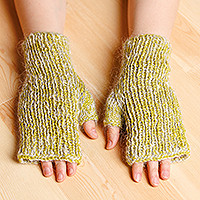 Cashmere wool fingerless mittens, 'Harmonious Duo' - Handwoven Green and Ivory Cashmere Wool Fingerless Mittens