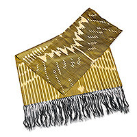 Silk shawl, 'Uzbekistan Waterfall in Olive' - Handwoven Traditional Patterned Olive and Beige Silk Shawl
