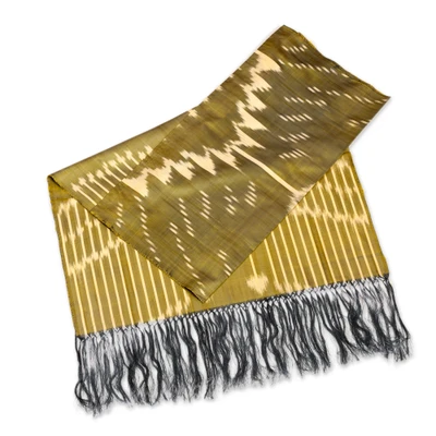 Silk shawl, 'Uzbekistan Waterfall in Olive' - Handwoven Traditional Patterned Olive and Beige Silk Shawl