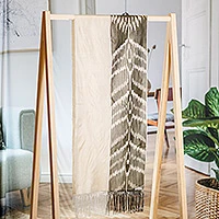 Silk shawl, 'Middle Cascade in Grey' - Handwoven Traditional Silk Shawl in Grey and Ivory Hues