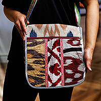 Silk and velvet ikat sling, 'Wild Vitality' - Handcrafted Silk and Velvet Sling in Red and Green Hues