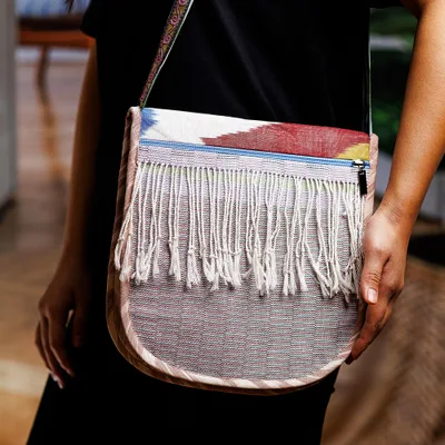 Cotton ikat sling, 'Serene Vitality' - Handcrafted Cotton Sling with Fringes and in Red Hues