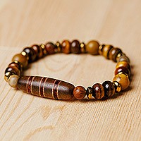 Multi-gemstone beaded stretch bracelet, 'Earthy Dzi' - Brown Striped Dzi Multi-Gemstone Beaded Pendant Bracelet