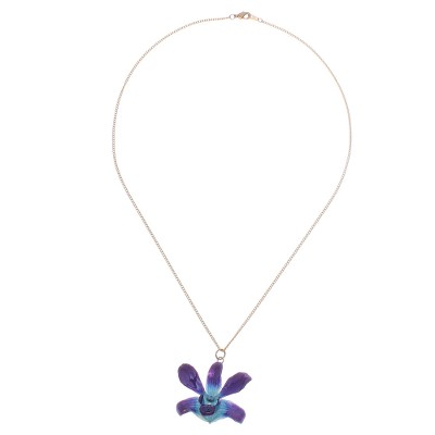 Gold accented natural flower pendant necklace, 'Starry Flower in Blue-Purple' - Gold Accented Blue-Purple Natural Orchid Pendant Necklace