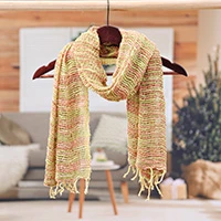 Cotton scarf, 'Evening Breeze' - Handmade 100% Cotton Loose Weave Scarf in Green and Orange