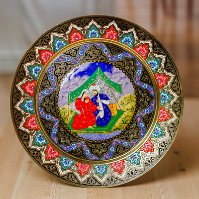 Brass wall art, 'Romance in Bukhara' - Traditional Romantic Hand-Painted Round Brass Wall Art