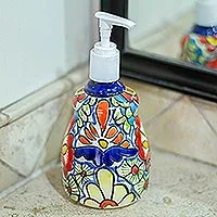 Ceramic soap dispenser, 'Talavera Flowers' - Handmade Talavera-Style Soap Dispenser