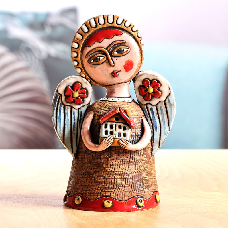Angel-Themed Handcrafted Painted Ceramic Sculpture - Blessed Home | NOVICA