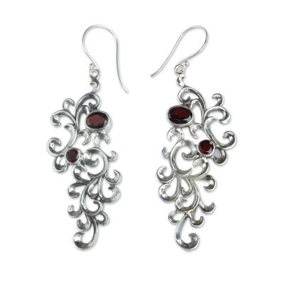 Garnet dangle earrings, 'Trailing Vines' - Hand Crafted Garnet and Sterling Silver Dangle Earrings