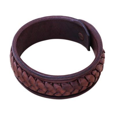 Leather wristband bracelet, 'Weaver's Life' - Handcrafted Woven Leather Wristband Bracelet from Thailand