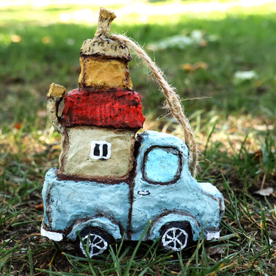 Papier mache ornament, 'Terrestrial Voyages' - Hand-Painted Papier Mache Ornament of Travelling Truck