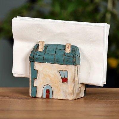 Ceramic napkin holder, 'Peaceful Home' (medium) - Turquoise and Ivory Ceramic House Napkin Holder (Medium)