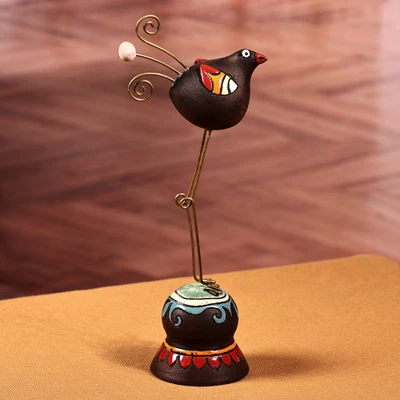 Ceramic photo holder, 'Feathered Memories' - Hand-Painted Bird-Themed Ceramic Photo Holder from Armenia