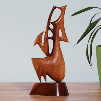 Wood sculpture, 'Saxophone Serenade' - Music-Themed Abstract Apricot Wood Saxophonist Sculpture