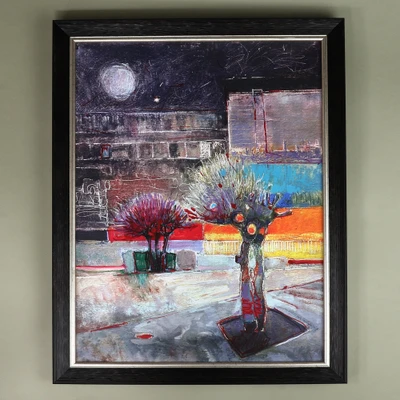 'Night' - Night-Themed Impressionist Urbanscape Mixed Media Painting