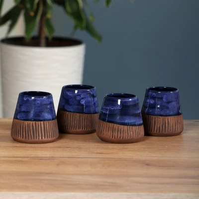 Ceramic cups, 'Blue Tonic' (set of 4) - Artisan-Made Glazed Blue and Brown 4-Piece Ceramic Cup Set