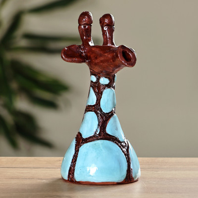 Ceramic sculpture, 'Tall Blue' - Ceramic Giraffe Sculpture in Blue and Brown Hues