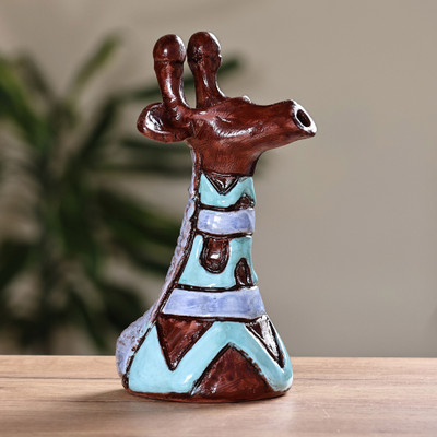 Ceramic sculpture, 'Tall Waves' - Ceramic Giraffe Sculpture with Blue and Purple Waves