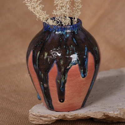 Ceramic vase, 'Wide Blue' - Classic Glazed Ceramic Vase in Blue and Reddish-Brown Hues