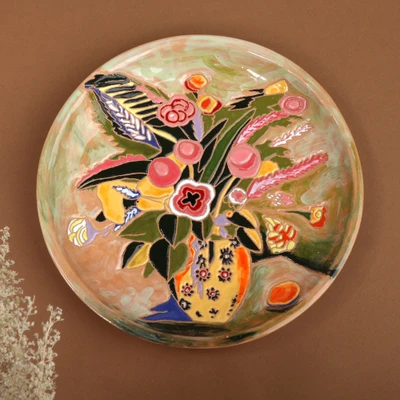 Ceramic decorative plate, 'Floral Utopia' - Painted Floral Ceramic Decorative Plate in Glazed Finish