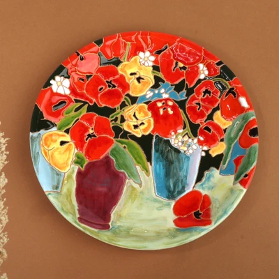 Ceramic decorative plate, 'Tulip Bloom' - Tulip-Themed Painted Red and Green Ceramic Decorative Plate