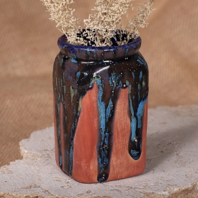 Ceramic vase, 'Square Blue' - Avant-Garde Square Ceramic Vase in Blue and Reddish-Brown