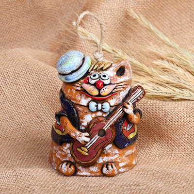 Ceramic bell ornament, 'Feline Serenade' - Painted Whimsical Feline Guitarist Ceramic Bell Ornament