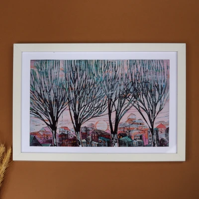 Giclée print, 'Rose Sunset' - Framed Sunset Village Themed Giclée Art Print on Photo Paper