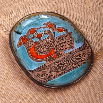 Glazed ceramic decorative platter, 'Bird Sonata' - Blue and Red Bird-Themed Glazed Ceramic Decorative Platter