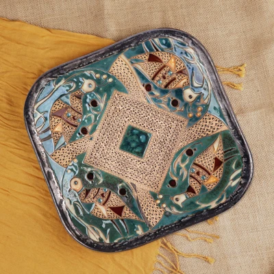 Glazed ceramic platter, 'Majestic Pond' - Bird-Themed Glazed Green and Brown Ceramic Platter
