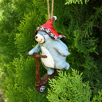 Papier mache ornament, 'Scooter Bear' - Hand-Painted Papier Mache Ornament of Bear on a Scooter