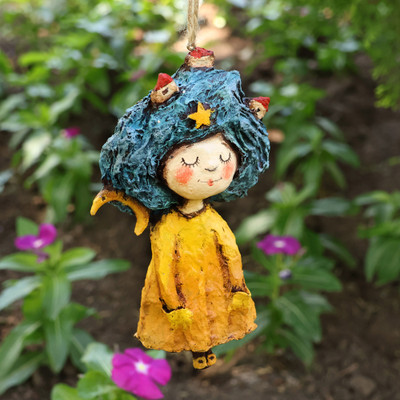 Papier mache ornament, 'Dreamy Nighttime' - Hand-Painted Papier Mache Ornament of Girl at Night