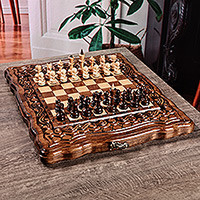 Wood board game set, 'Double the Delight' - Hand Carved Wood Chess and Backgammon Board Game Set