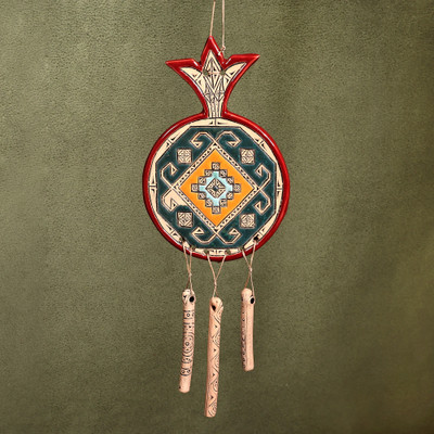 Ceramic wall decor, 'Artsakh Fortune' - Traditional Red and Teal Ceramic Pomegranate Wall Decor