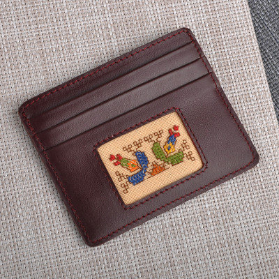 Leather card holder, 'Handy Prosperity' - Brown Leather Card Holder with Traditional Textile