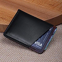 Leather card holder, 'Dapper Fortune' - Minimalist Black and Dark Brown 100% Leather Card Holder