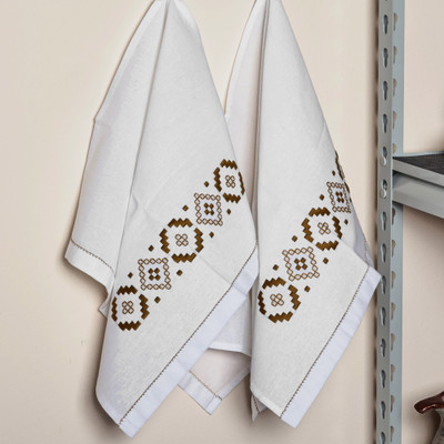 Cotton tea towels, 'Treasure Diamonds' (pair) - Embroidered Golden and White Cotton Tea Towels (Pair)