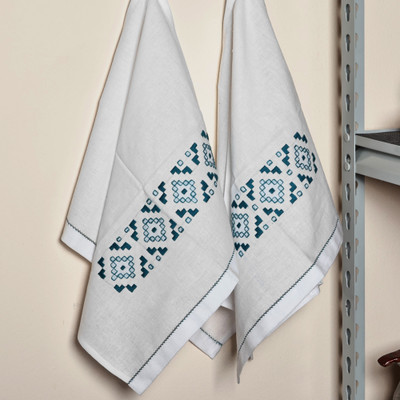 Cotton tea towels, 'Ijevan Dreams' (pair) - Geometric Embroidered Turquoise Cotton Tea Towels (Pair)