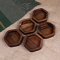 Wood snack plates, 'Flavorful Honeycomb' (set of 5) - Geometric-Shaped Brown 5-Piece Walnut Wood Snack Plate Set