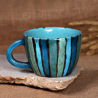 Ceramic mug, 'Fates of Blue' - Glazed Striped Blue Ceramic Mug Crafted by Armenian Artisans